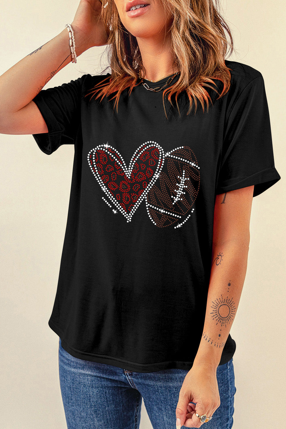 Black Rhinestone Rugby Heart Shape Graphic Crewneck T Shirt Graphic Tees JT's Designer Fashion