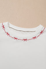 White Contrast Bow Trim Pearl Puff Sleeve Blouse and Skort 2pcs Set Short Sets JT's Designer Fashion