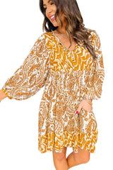 Orange Bohemian Print Puff Sleeve Tied V Neck Flared Mini Dress Mini Dresses JT's Designer Fashion
