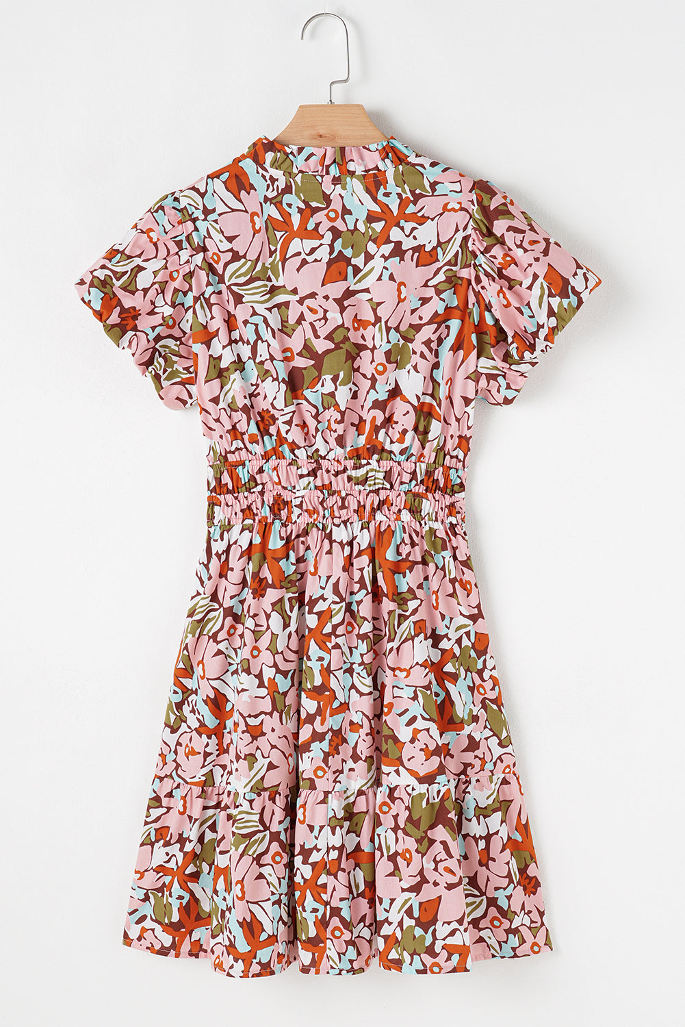 Pink Floral Print Puff Sleeve Shirred High Waist Mini Dress Floral Dresses JT's Designer Fashion