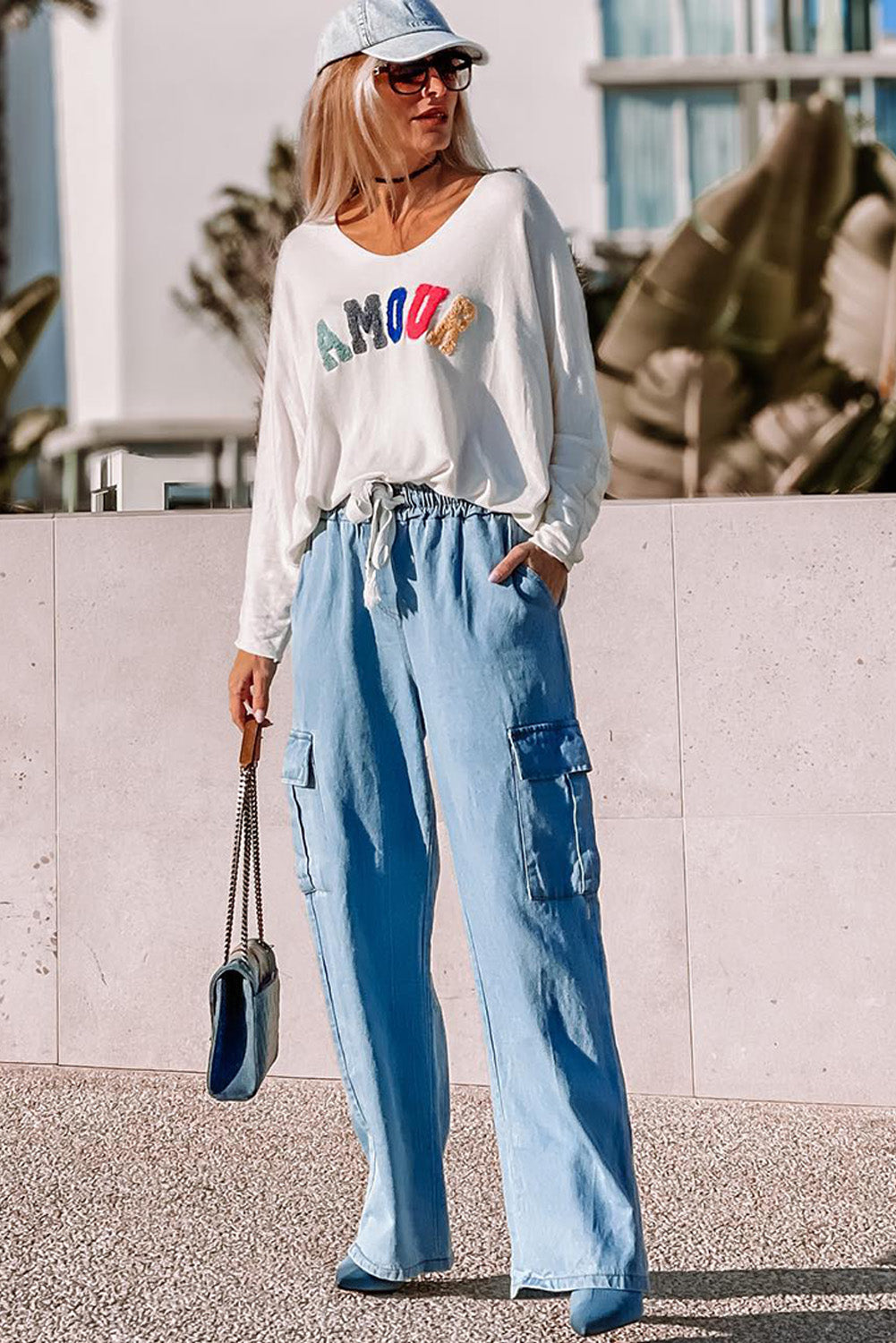 Sky Blue Drawstring High Waist Cargo Pocket Wide Leg Jeans Jeans JT's Designer Fashion