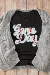 Black Sequin Game Day Graphic Crew Neck Tee Graphic Tees JT's Designer Fashion