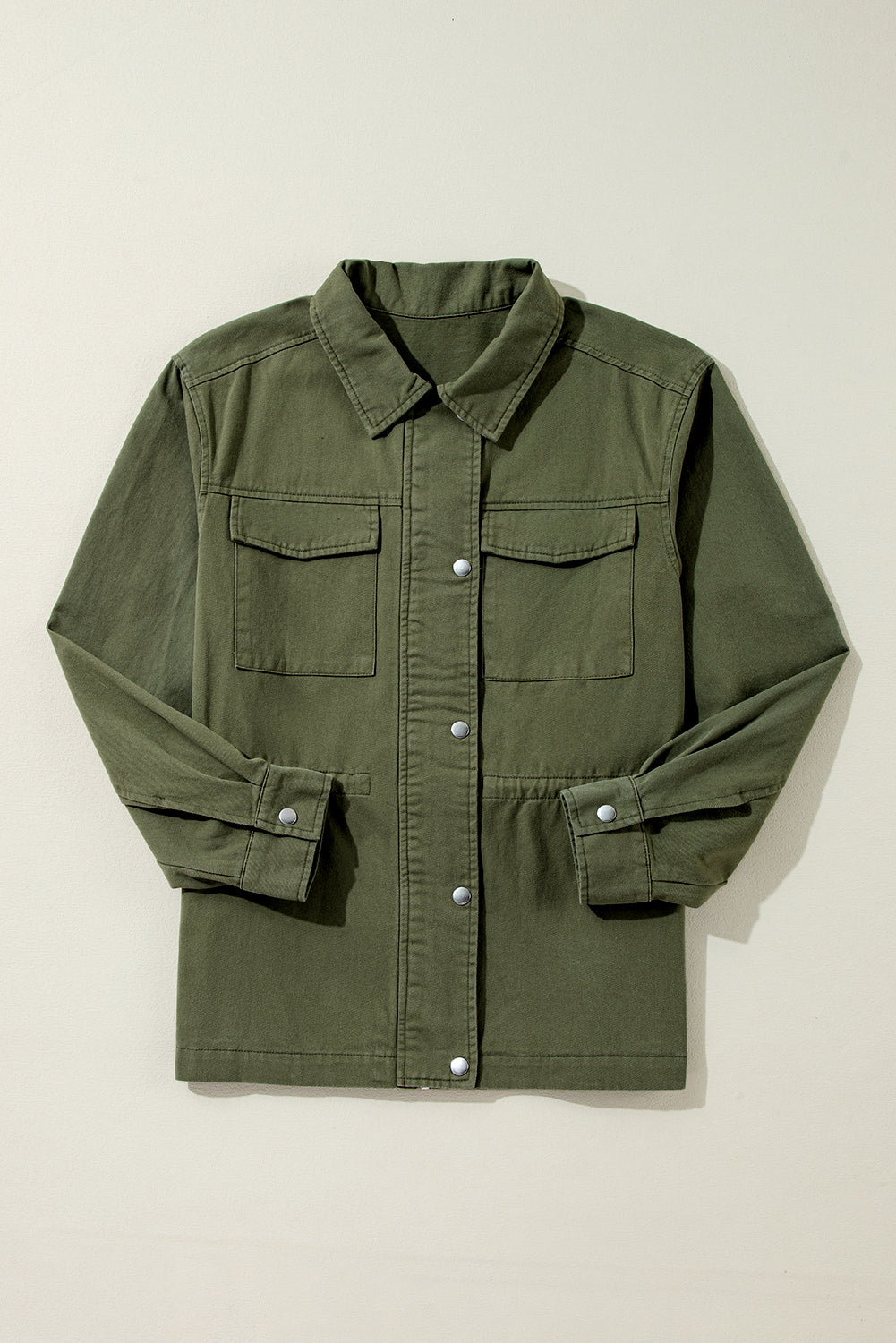 Moss Green Snap Button Zipper Tight Waist Collared Jacket Jackets JT's Designer Fashion