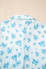 Sky Blue Floral Striped Print Contrast Patched Pocket Shirt and Shorts Set Short Sets JT's Designer Fashion
