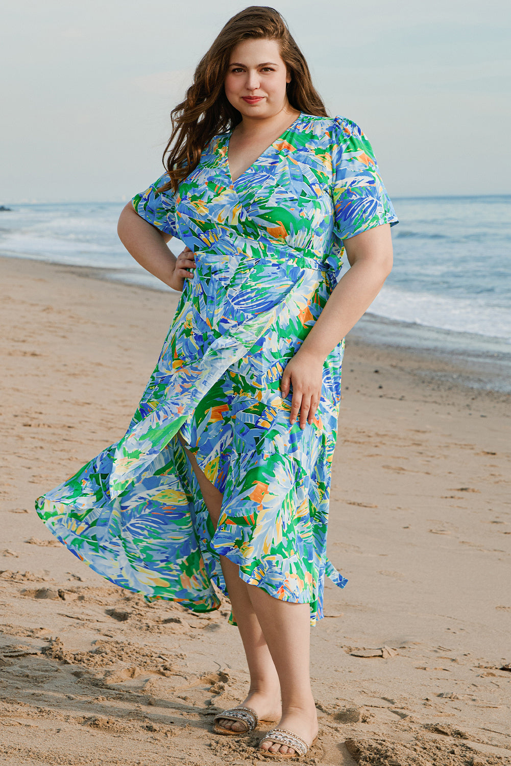Green Leaves Print Short Sleeve Surplice Neck Ruffled Trim Plus Size Maxi Dress Green 100%Polyester Plus Size Maxi Dresses JT's Designer Fashion
