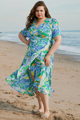 Green Leaves Print Short Sleeve Surplice Neck Ruffled Trim Plus Size Maxi Dress Green 100%Polyester Plus Size Maxi Dresses JT's Designer Fashion