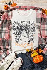 White SPOOKY WITCH Leopard Bowknot Bat Graphic Halloween T Shirt Graphic Tees JT's Designer Fashion