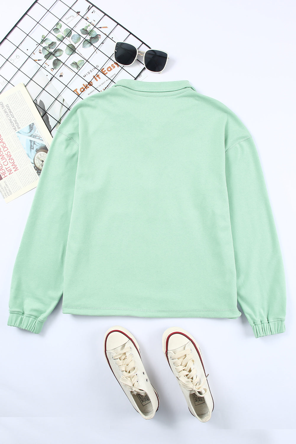 Green Zip Front Pocketed Pullover Sweatshirt Sweatshirts & Hoodies JT's Designer Fashion