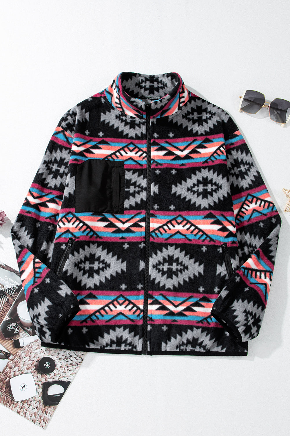 Black Aztec Printed Zip Up Collar Jacket Jackets JT's Designer Fashion