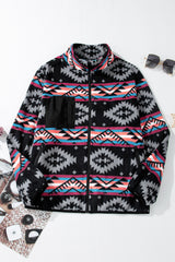 Black Aztec Printed Zip Up Collar Jacket Jackets JT's Designer Fashion