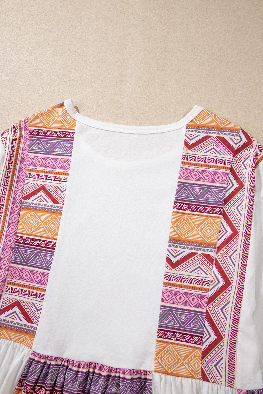 White Western Aztec Print Patchwork Ruffled Tunic Long Sleeve Babydoll Top Long Sleeve Tops JT's Designer Fashion