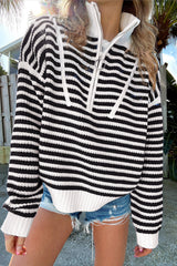Black Stripe Zip up Collar Drop Shoulder Sweater Black Stripe 60%Cotton+40%Acrylic Sweaters JT's Designer Fashion