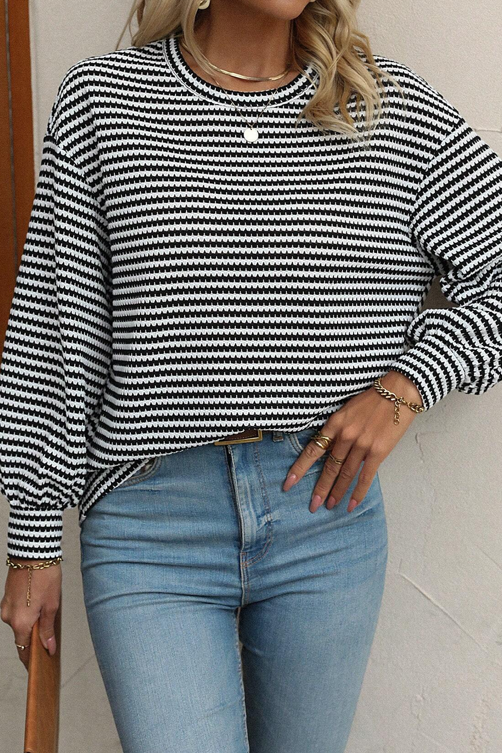 Black Stripe Round Neck Drop Shoulder Long Sleeve Top Long Sleeve Tops JT's Designer Fashion