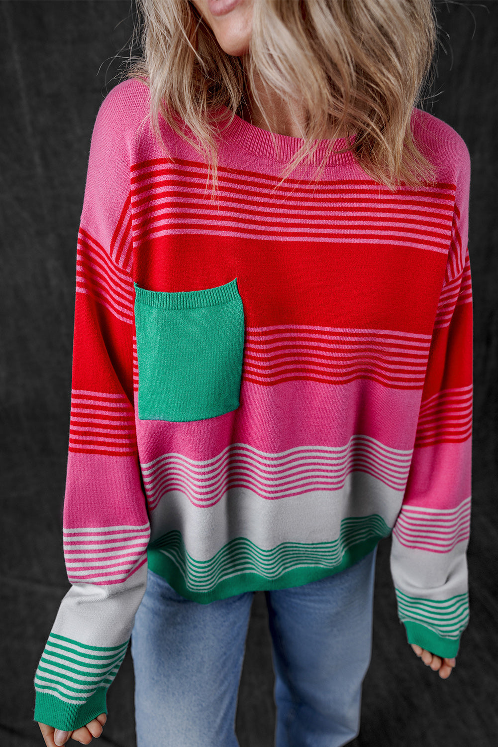 Rose Striped Knit Patch Pocket Drop Shoulder Sweater Sweaters JT's Designer Fashion