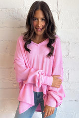 Bonbon Waffle Knit Exposed Seam High Low Top Long Sleeve Tops JT's Designer Fashion