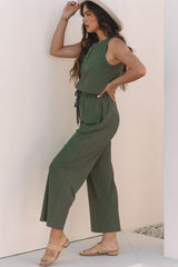 Vineyard Green Buttoned Drawstring Waist Sleeveless Wide Leg Jumpsuit Jumpsuits & Rompers JT's Designer Fashion