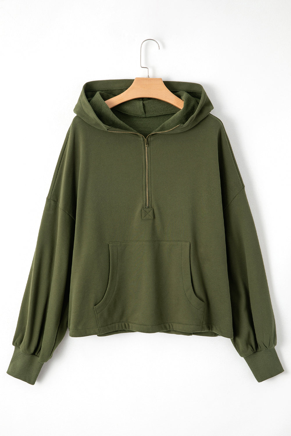 Moss Green Fleece Lined Half Zipper Kangaroo Pockets Loose Hoodie Sweatshirts & Hoodies JT's Designer Fashion