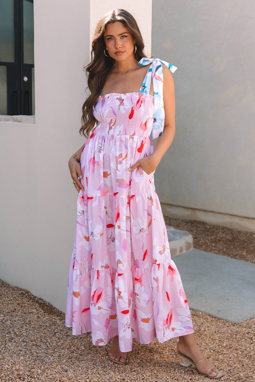 Pink Floral Print Knotted Shoulder Smocked Maxi Dress Floral Dresses JT's Designer Fashion
