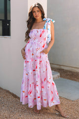 Pink Floral Print Knotted Shoulder Smocked Maxi Dress Floral Dresses JT's Designer Fashion
