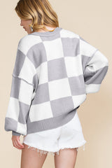 Gray Checkered Bishop Sleeve Sweater Sweaters JT's Designer Fashion