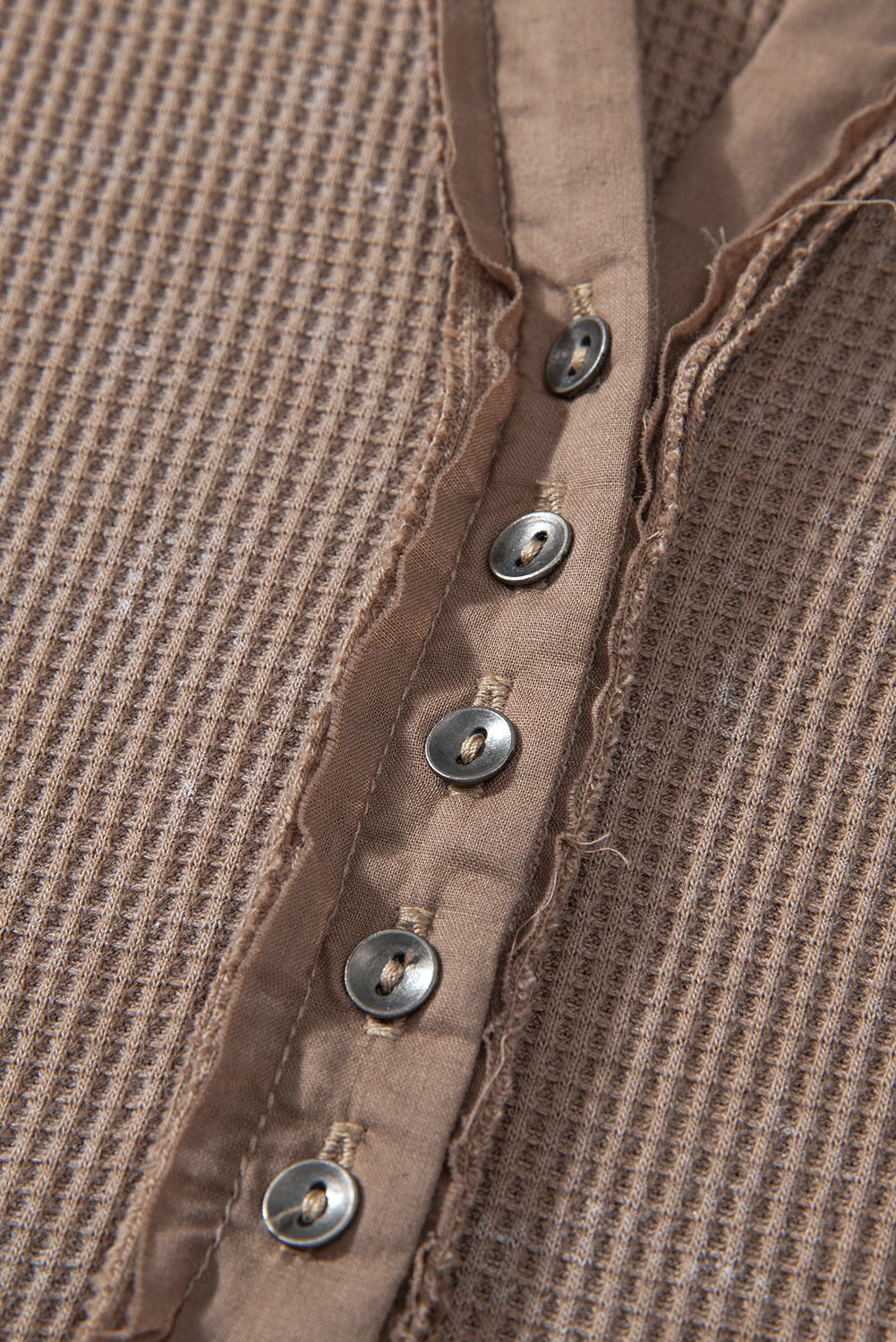 Coffee Acid Wash Waffle Knit Buttoned Neckline Long Sleeve Top Long Sleeve Tops JT's Designer Fashion