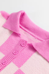 Pink Checkerboard Half Button Collared Drop Shoulder Sweater Sweaters JT's Designer Fashion