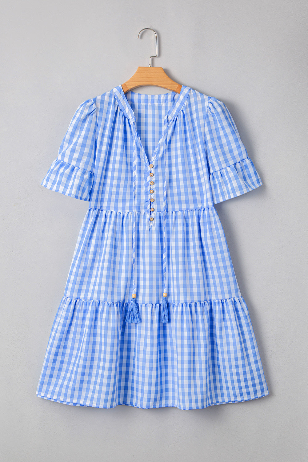 Sky Blue Gingham Short Sleeve Button Tie Split Neck Loose Mini Dress Mini Dresses JT's Designer Fashion