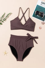 Chicory Coffee Crossed Straps Twisted Tropical Print Knot Side High Waist Bottom 2pcs Swimsuit High Waisted Swimsuit JT's Designer Fashion