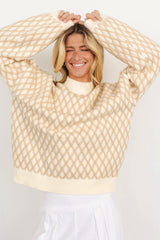 Oatmeal Diamond Knit Drop Shoulder Loose Sweater Sweaters JT's Designer Fashion