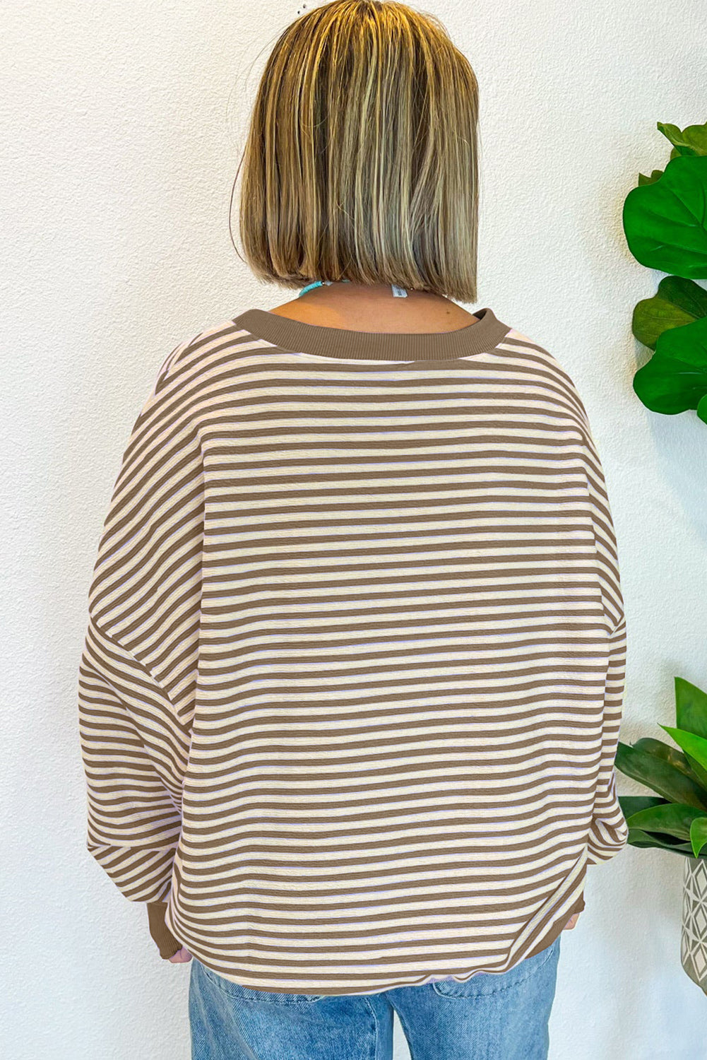 Brown Stripe Loose Drop Shoulder Long Sleeve Top Long Sleeve Tops JT's Designer Fashion