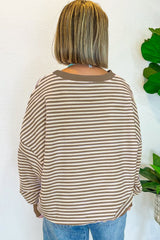 Brown Stripe Loose Drop Shoulder Long Sleeve Top Long Sleeve Tops JT's Designer Fashion