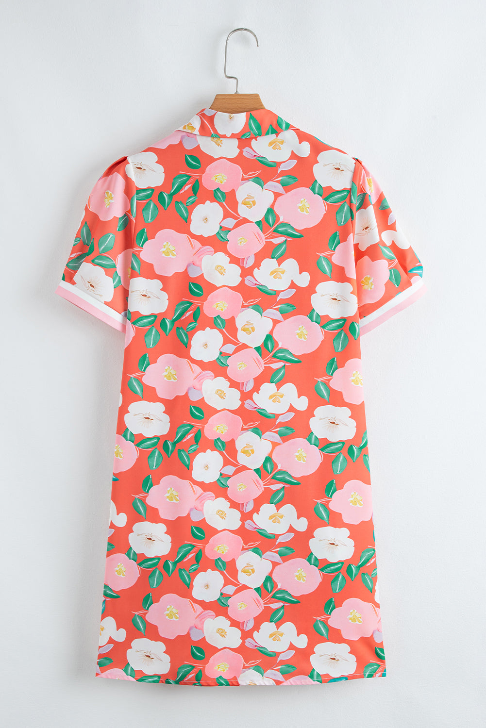 Fresh Salmon Floral Print Contrast Striped Trim Polo Collar T Shirt Dress Floral Dresses JT's Designer Fashion