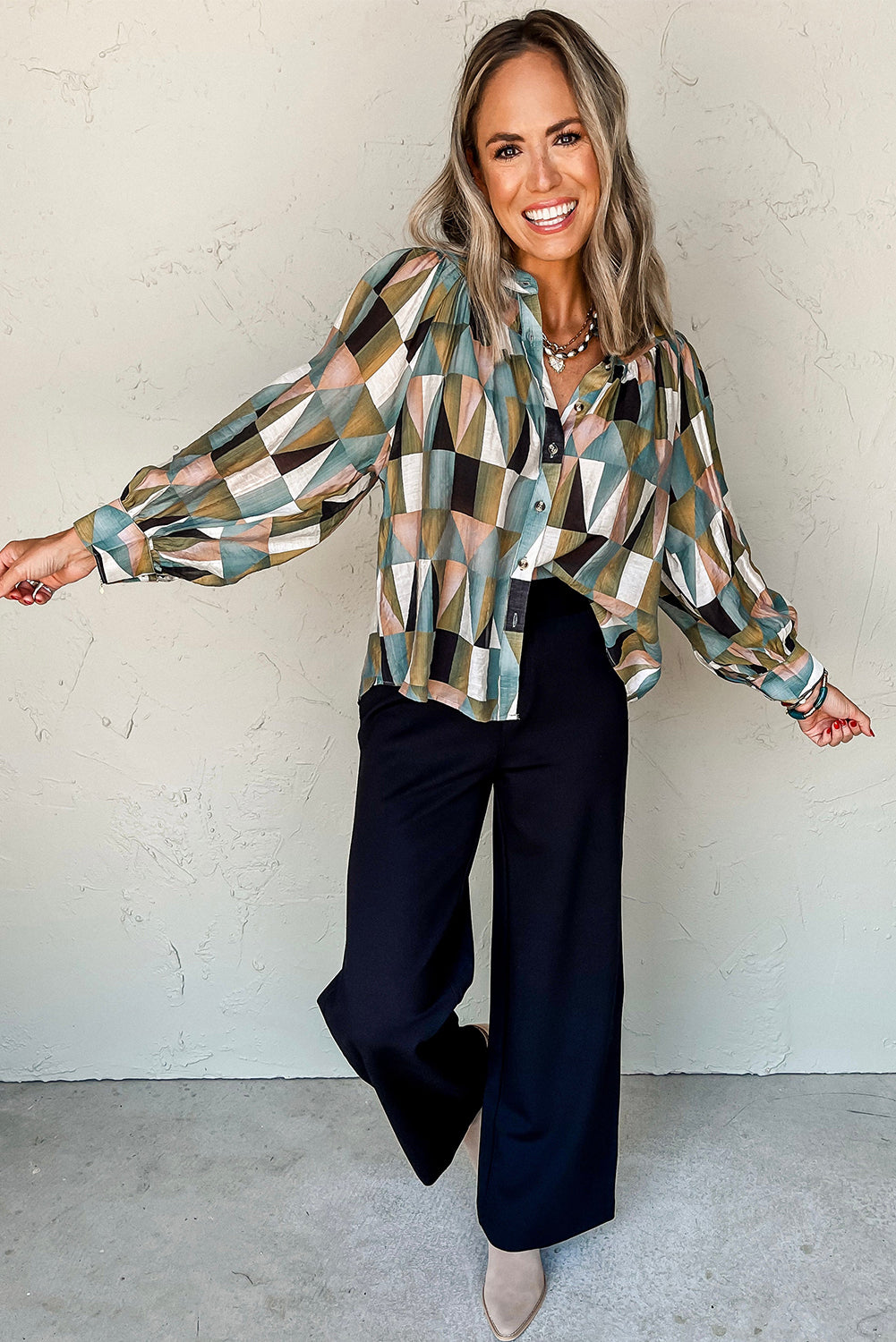 Green Geometric Print Buttoned Balloon Sleeve Loose Fit Shirt Blouses & Shirts JT's Designer Fashion