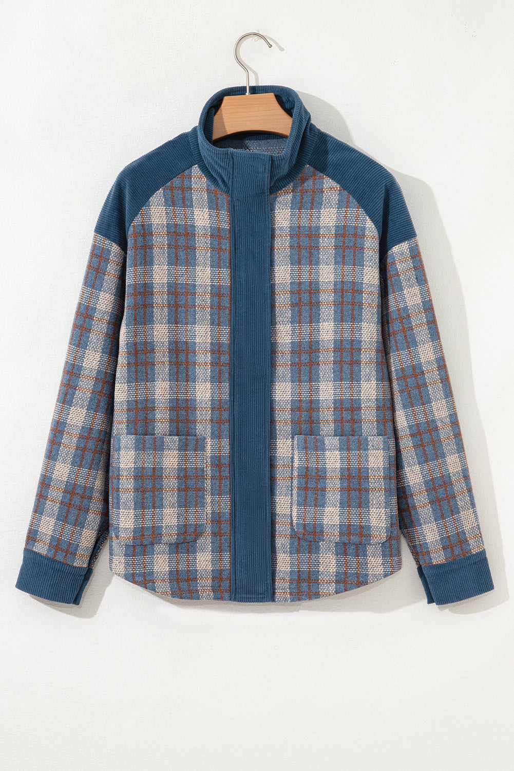 Gray Plaid Corduroy Patchwork Collared Zip Up Snap Button Jacket Plaid Shackets JT's Designer Fashion