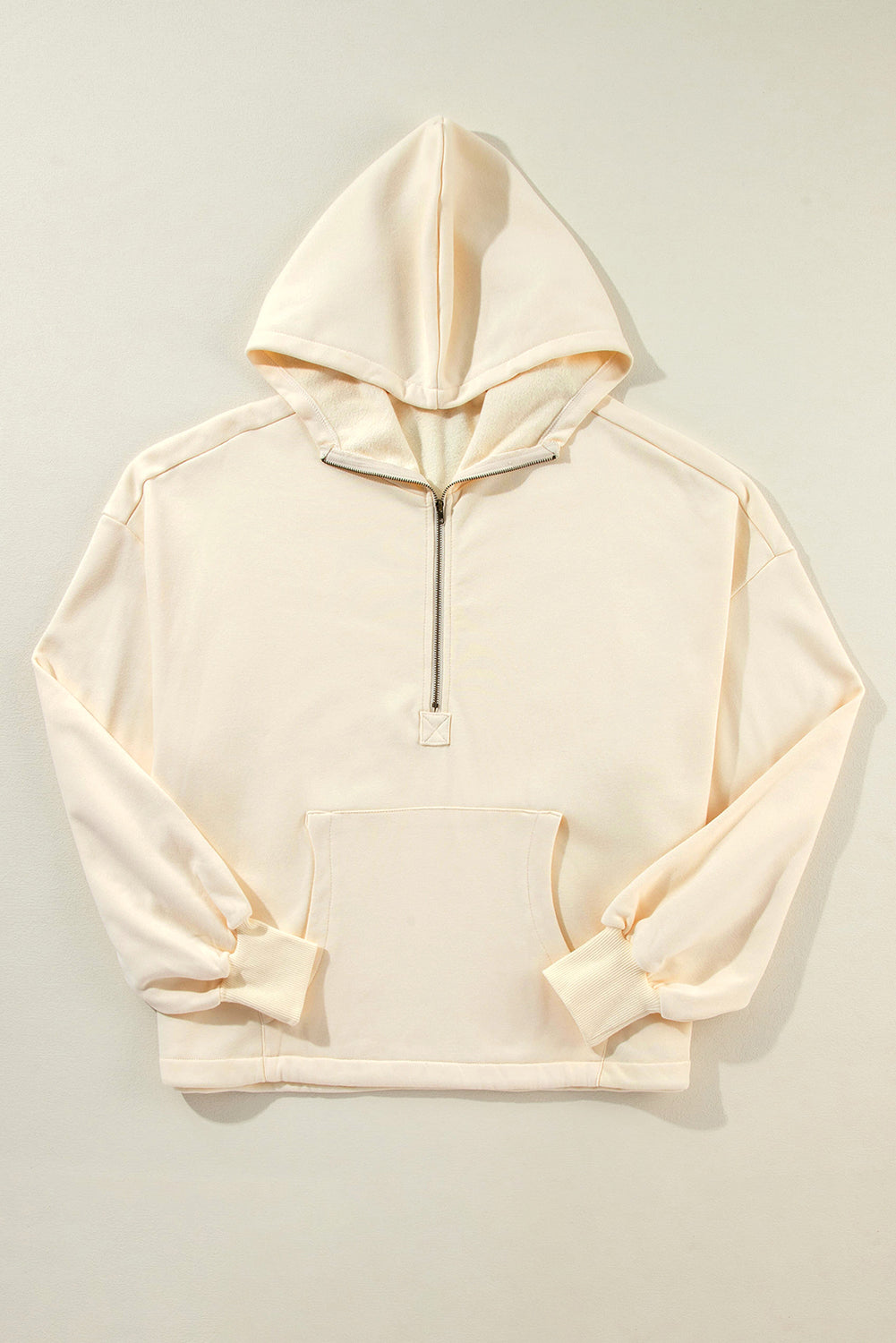 Beige Fleece Lined Half Zipper Kangaroo Pockets Loose Hoodie Sweatshirts & Hoodies JT's Designer Fashion