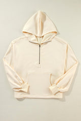 Beige Fleece Lined Half Zipper Kangaroo Pockets Loose Hoodie Sweatshirts & Hoodies JT's Designer Fashion
