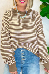 Brown Stripe Loose Drop Shoulder Long Sleeve Top Long Sleeve Tops JT's Designer Fashion