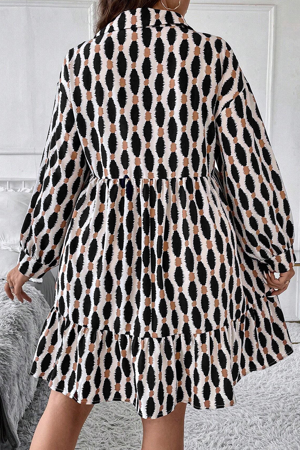 Apricot Geometric Print Collared V Neck Plus Size Mini Dress Plus Size Mini Dresses JT's Designer Fashion