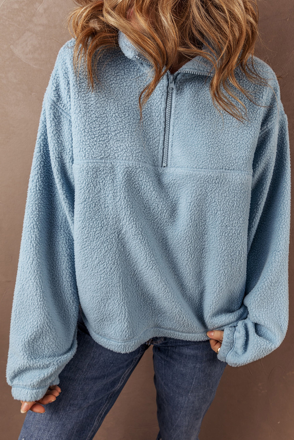 Myosotis Collared Zipper Drop Shoulder Fleece Sweatshirt Sweatshirts & Hoodies JT's Designer Fashion