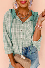 Green Checkered Print Loose Fit Buttoned Hooded Shacket Green 65%Polyester+35%Cotton Plaid Shackets JT's Designer Fashion