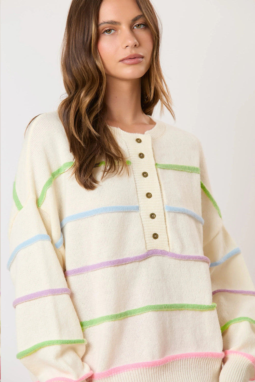 White Rainbow Stripes Drop Shoulder Baggy Henley Sweater Sweaters JT's Designer Fashion