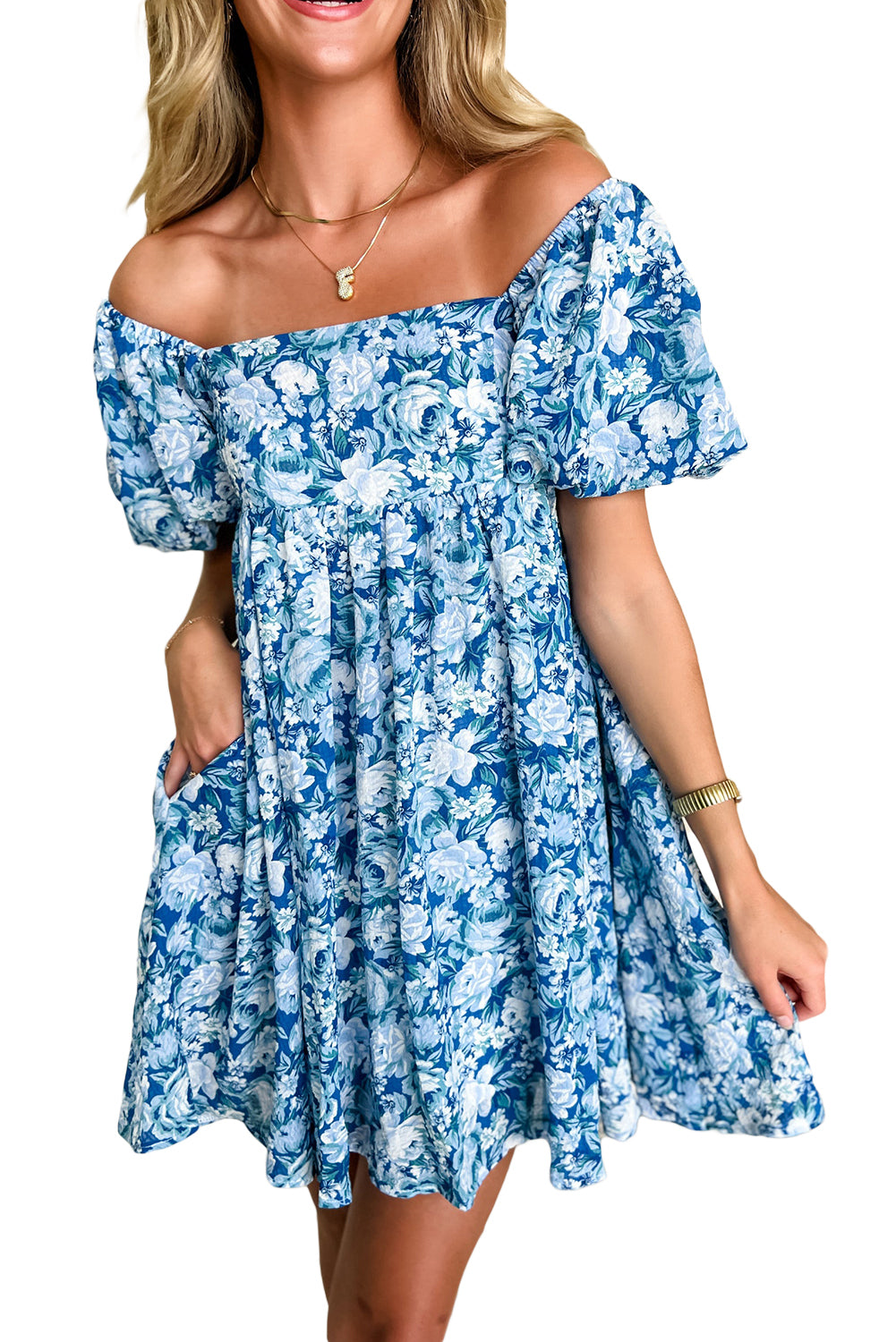 Blue Floral Puff Sleeve Babydoll Mini Dress Floral Dresses JT's Designer Fashion