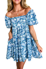 Blue Floral Puff Sleeve Babydoll Mini Dress Floral Dresses JT's Designer Fashion