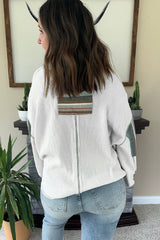 White Striped Patchwork Exposed Seam Waffle Knit Top Long Sleeve Tops JT's Designer Fashion