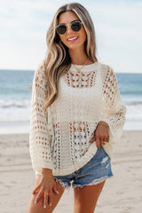 White Hollow Out Knit Bracelet Sleeve Drop Shoulder Sweater White 100%Acrylic Sweaters JT's Designer Fashion