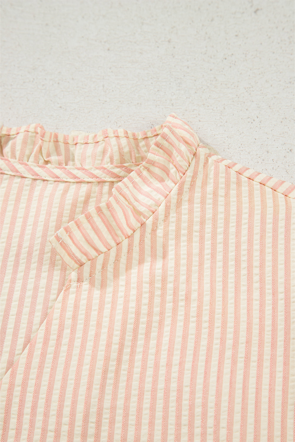 Pink Stripe Bow Knot Cuff Pearl Embellished Puff Sleeve V Neck Blouse Blouses & Shirts JT's Designer Fashion