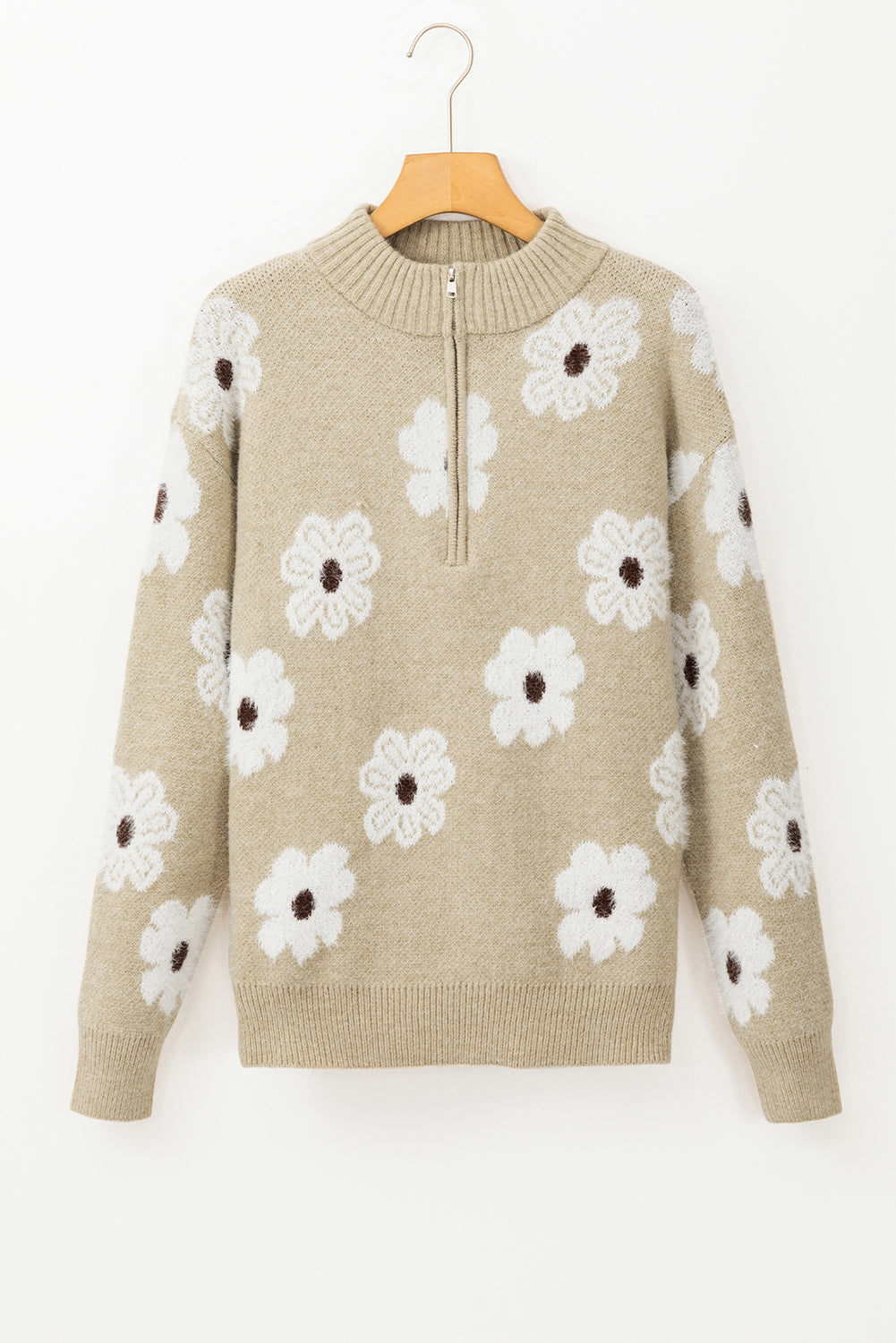 Khaki Floral Pattern Half Zip Drop Shoulder Sweater Sweaters JT's Designer Fashion