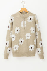 Khaki Floral Pattern Half Zip Drop Shoulder Sweater Sweaters JT's Designer Fashion