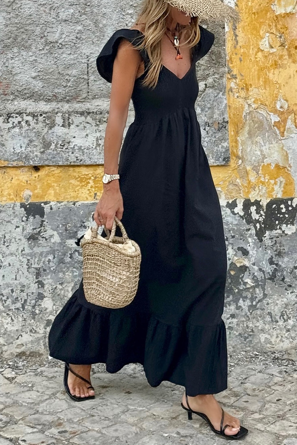 Black V Neck Flutter Sleeve Smocked Bodice High Waist Ruffle Long Dress Maxi Dresses JT's Designer Fashion