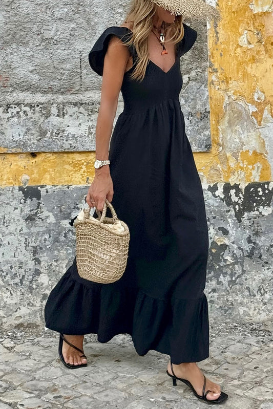 Black V Neck Flutter Sleeve Smocked Bodice High Waist Ruffle Long Dress Maxi Dresses JT's Designer Fashion